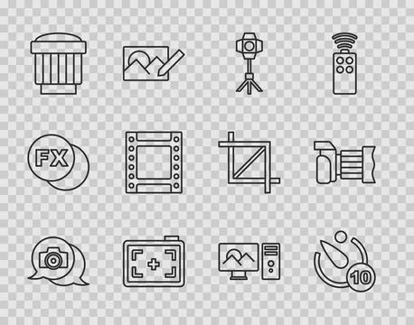 Set line Photo camera, Camera timer, Softbox light, photo lens, roll cartridge Stock Illustration