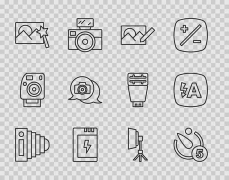 Set line Photo camera, Camera timer, retouching, Battery for, Softbox light and Stock Illustration