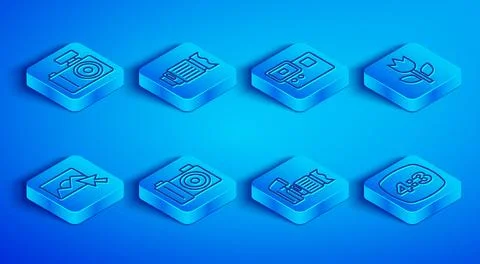 Set line Photo camera, Camera photo lens, Action extreme, mode macro, retouching Stock Illustration