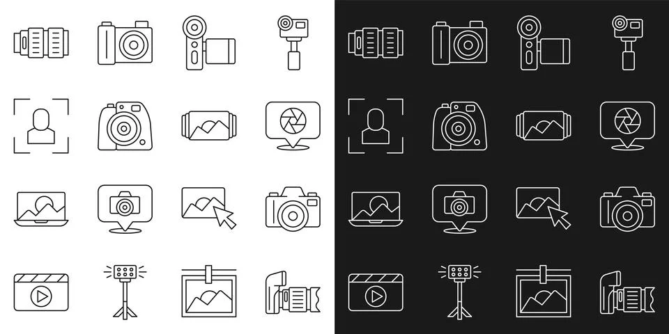 Set line Photo camera, Camera shutter, Cinema, focus frame line, photo lens and Stock Illustration