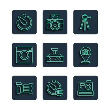 Set line Photo camera, Camera timer, Tripod, Softbox light, and icon. Vector Stock Illustration