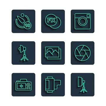 Set line Photo camera, Camera roll cartridge, Softbox light, frame, timer and Stock Illustration