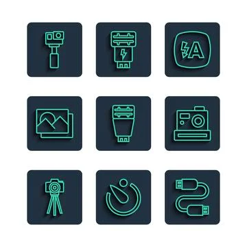 Set line Photo camera, Camera timer, USB cable cord, Auto flash, frame, Action Stock Illustration
