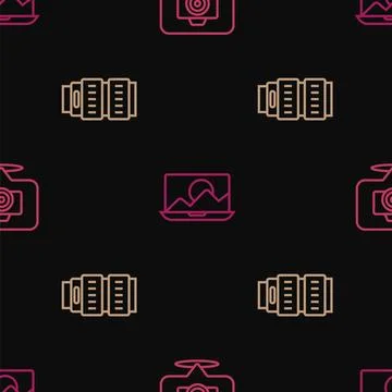 Set line Photo camera, Camera photo lens and retouching on seamless pattern Illustrazione stock