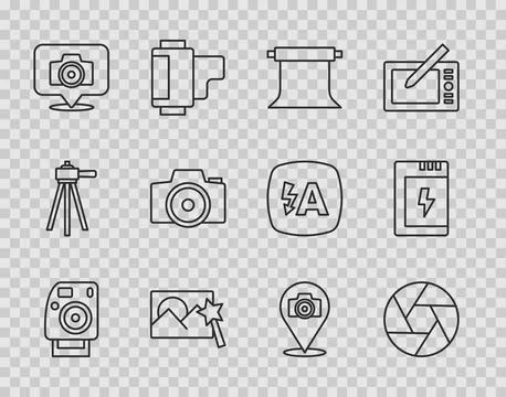 Set line Photo camera, Camera shutter, Empty photo studio, retouching, and Illustrazione stock