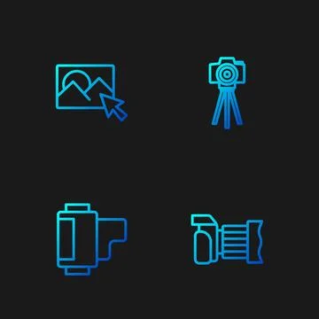 Set line Photo camera, Camera roll cartridge, retouching and . Gradient col.. Stock Illustration