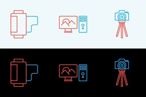 Set line Photo camera, Camera roll cartridge and retouching icon. Vector Stock Illustration