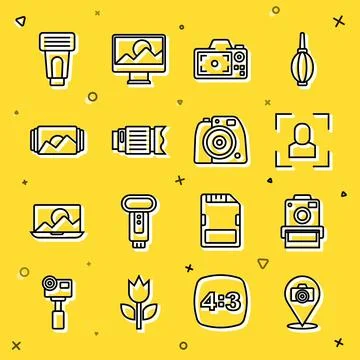 Set line Photo camera, Camera focus frame line, photo lens, flash and  icon.. Stock Illustration