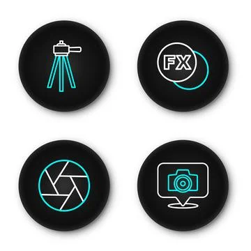 Set line Photo camera, Camera shutter, fx and Tripod icon. Vector Stock Illustration