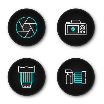 Set line Photo camera, Camera photo lens,  and shutter icon. Vector Illustrazione stock