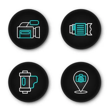 Set line Photo camera, Camera film roll cartridge, photo lens and Cinema ic.. Stock Illustration