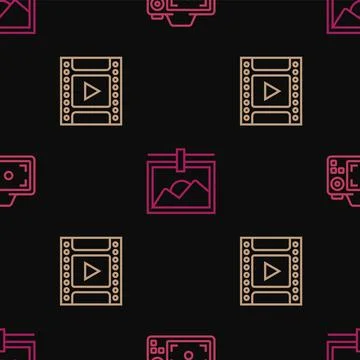 Set line Photo camera, Camera film roll cartridge and frame on seamless pat.. 库存插图