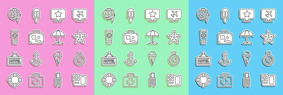Set line Photo camera, Compass, Starfish, Map pointer with star, Suitcase, .. Stock Illustration