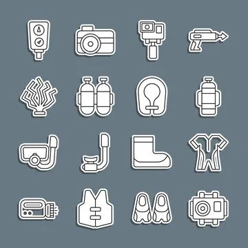 Set line Photo camera for diver, Wetsuit scuba diving, Aqualung, Action extreme Stock Illustration