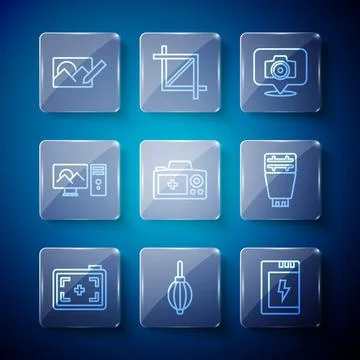 Set line Photo camera, Dust blower, Battery for, retouching, and flash icon Stock Illustration