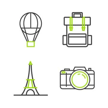 Set line Photo camera, Eiffel tower, Hiking backpack and Hot air balloon ic.. Stock Illustration