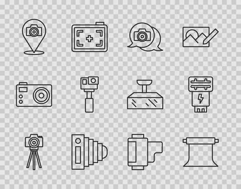 Set line Photo camera, Empty photo studio, Action, Camera roll cartridge and Stockillustratie
