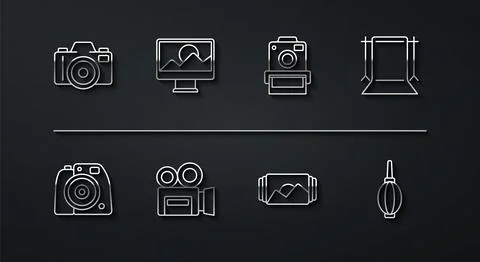 Set line Photo camera, Empty photo studio, frame, Retro cinema, retouching, D Stock Illustration