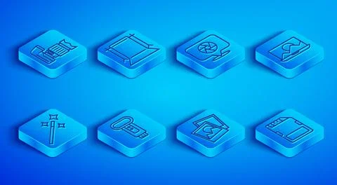 Set line Photo camera, Empty photo studio, Camera shutter, flash, frame, re.. Illustrazione stock