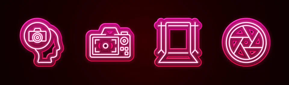 Set line Photo camera Empty photo studio and Camera shutter. Glowing neon ico Stock Illustration