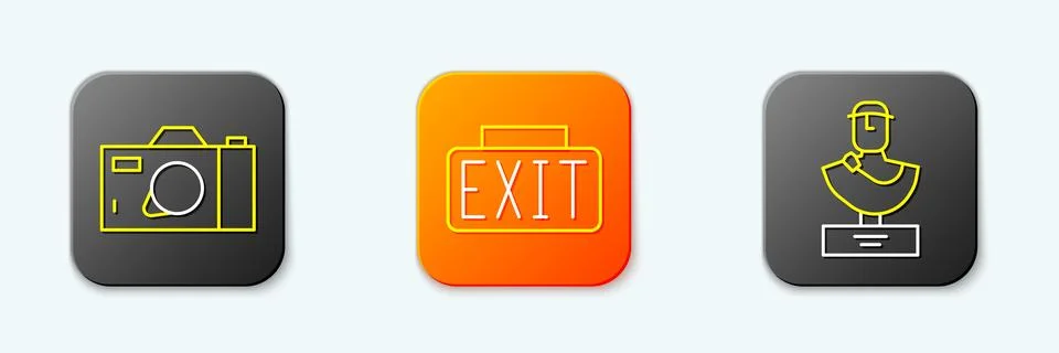 Set line Photo camera, Exit sign and Ancient bust sculpture icon. Vector Stock Illustration