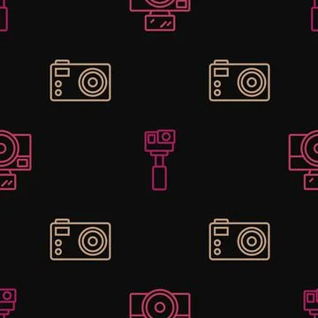 Set line Photo camera with flash, and Action on seamless pattern. Vector Stockillustratie