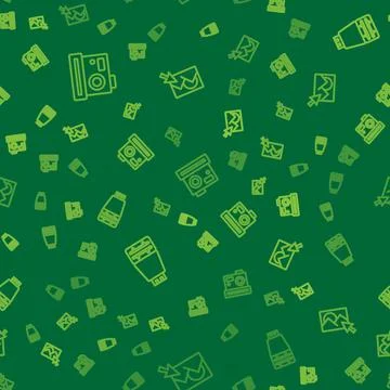 Set line Photo camera, flash and retouching on seamless pattern. Vector 스톡 일러스트