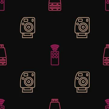 Set line Photo camera flash, and Remote control for on seamless pattern. Vector Illustrazione stock