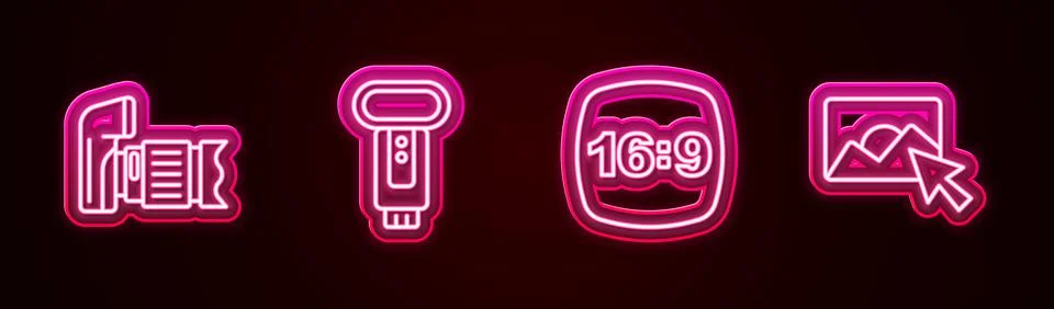 Set line Photo camera, flash, frame 16 and retouching. Glowing neon icon. Vector 스톡 일러스트