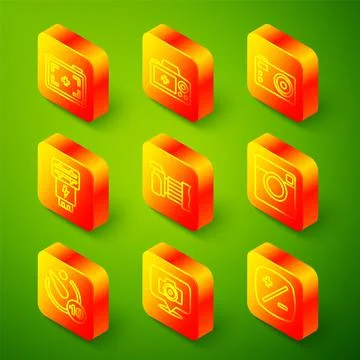 Set line Photo camera, flash, Camera timer and  icon. Vector Stock Illustration
