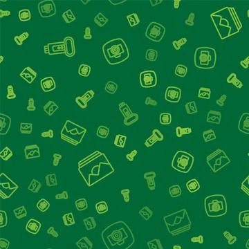 Set line Photo camera flash, frame and on seamless pattern. Vector Stock Illustration