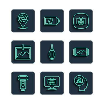 Set line Photo camera flash, Dust blower, frame, Camera shutter and icon. Vector Illustrazione stock