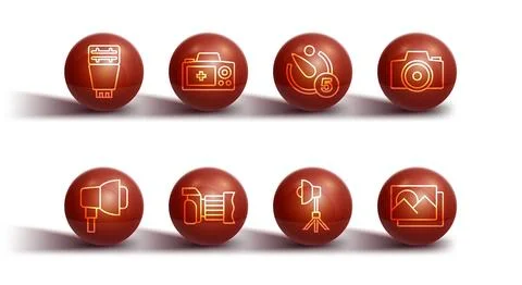 Set line Photo camera flash, Softbox light, frame and Camera timer icon. Vect Stock-Illustration