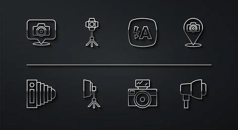 Set line Photo camera, with flash, Softbox light,  and Auto icon. Vector 스톡 일러스트
