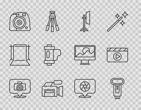 Set line Photo camera, flash, Studio light bulb in softbox, Cinema, Camera .. Stock Illustration