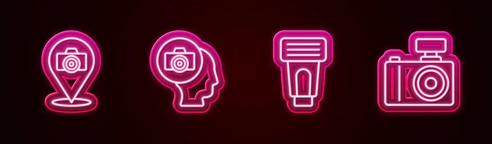 Set line Photo camera, flash and . Glowing neon icon. Vector Stock Illustration
