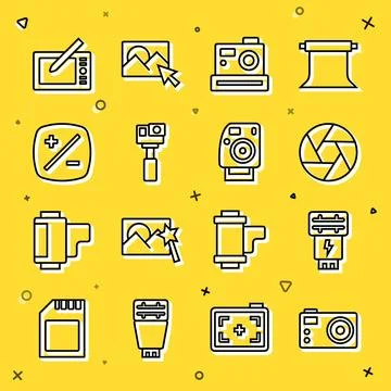 Set line Photo camera, flash, Camera shutter, Action, Exposure compensation.. 스톡 일러스트