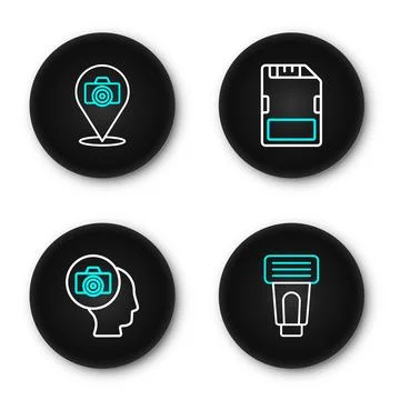Set line Photo camera flash, SD card and  icon. Vector Illustrazione stock