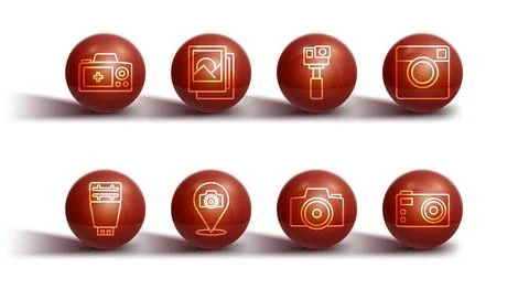 Set line Photo camera, flash, frame,  and Action icon. Vector Stock Illustration