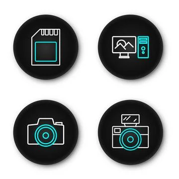 Set line Photo camera with flash, retouching and SD card icon. Vector 库存插图