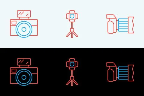 Set line Photo camera, with flash and Softbox light icon. Vector Illustrazione stock