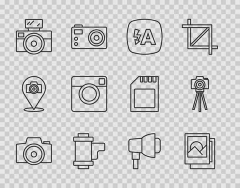 Set line Photo camera, frame, Auto flash, Camera roll cartridge, with, Softbox 스톡 일러스트