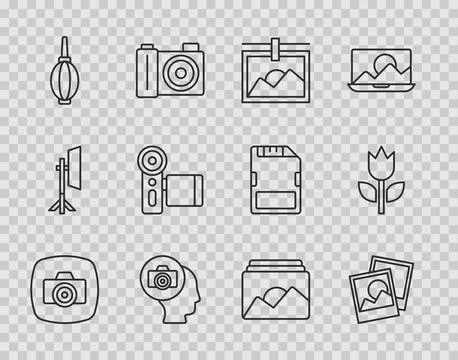 Set line Photo camera, frame, Dust blower, Cinema, and mode macro icon. Vector Stock Illustration