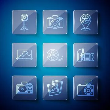 Set line Photo camera, frame, Camera shutter, Film reel, retouching, Studio l Illustrazione stock