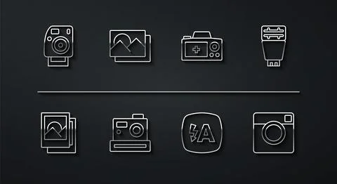 Set line Photo camera, frame, flash, Auto,  and  icon. Vector Illustrazione stock