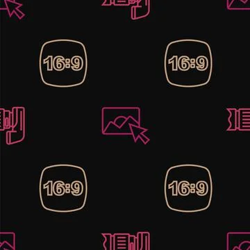 Set line Photo camera, frame 16 and retouching on seamless pattern. Vector 스톡 일러스트