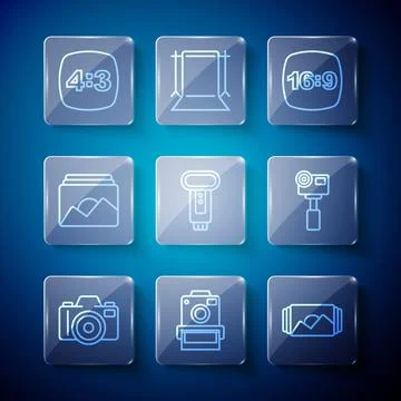 Set line Photo camera, frame, 16, flash, 4 and Action extreme icon. Vector 스톡 일러스트