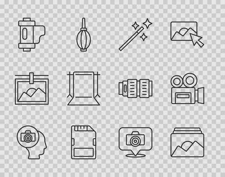 Set line Photo camera, frame, retouching, SD card, Camera film roll cartridge Stock Illustration