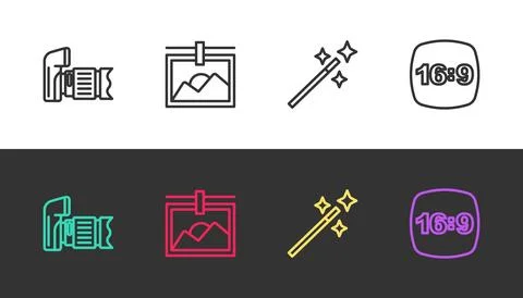 Set line Photo camera, frame, retouching and 16 on black and white. Vector Stock Illustration