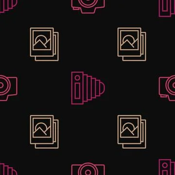Set line Photo camera, frame and on seamless pattern. Vector Stockillustratie